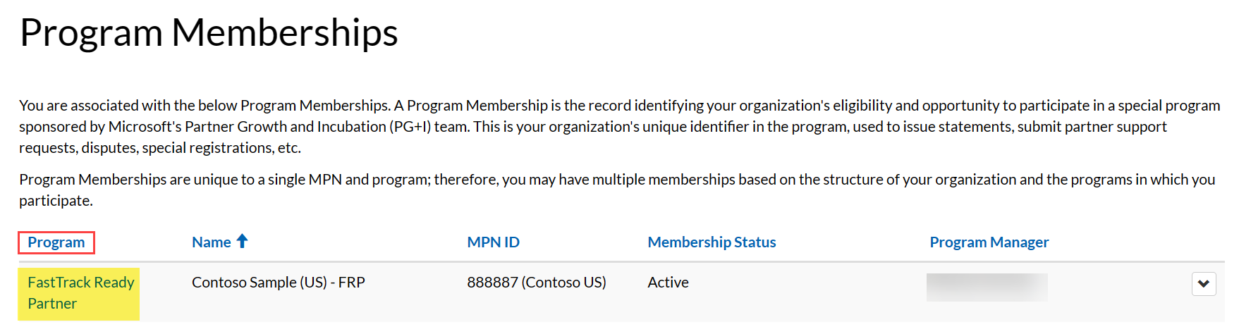 Program Membership, Program field page. Example, data entered in fields.